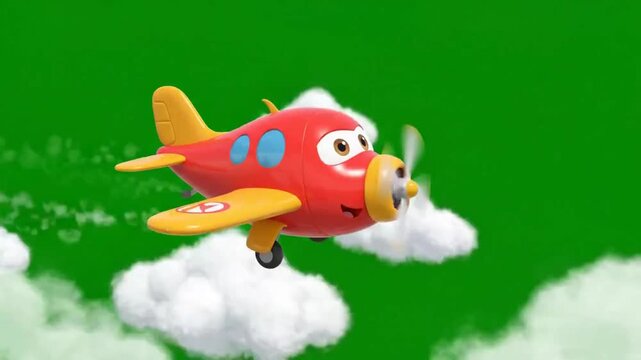 Cute cartoon airplane animation flying through fluffy clouds, perfect for cartoon plane green screen and cartoon cloud