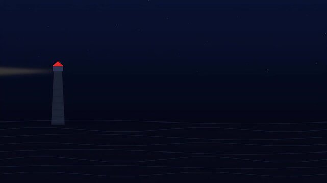 Dramatic lighthouse beacon cutting through dark nighttime ocean waves under a starry cosmos vast seascape view