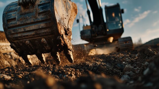 Excavator Bucket Digging into Earth at Construction Site