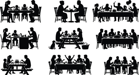Fototapeta premium Family dining silhouette set featuring people eating dinner together at table and picnic scenes