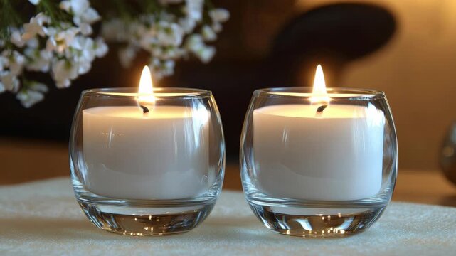Close-up of two lit candles with floral accents on a tabletop.