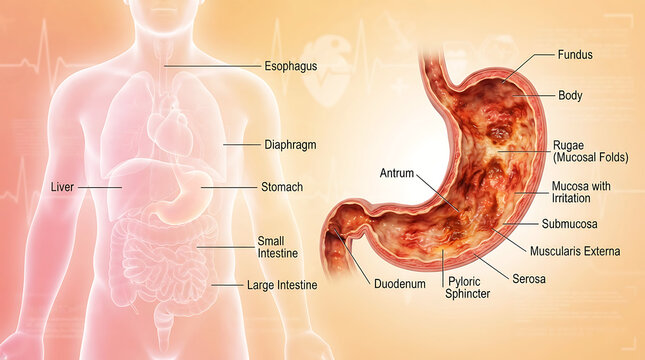 Human torso anatomy with labeled stomach and digestive system