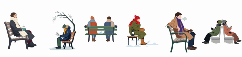 Fototapeta premium Flat vector illustrations of various people in winter clothing sitting on park benches, isolated on a white background.