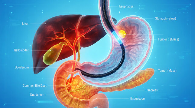 Human upper digestive system, tumors, endoscope view