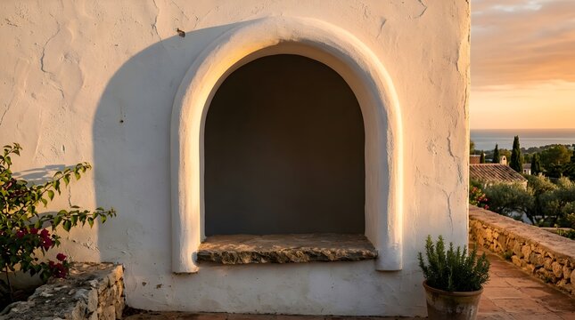 Arched white stucco wall with deep shadowed alcove at golden hour warm sunlight illuminating textured surface potted plants and distant sea view in Mediterranean setting
