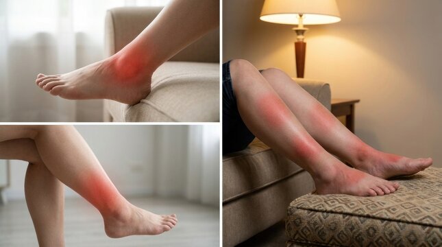 Circulatory distress signal: painful swelling, human leg, red inflammation, edema condition, ankle puffiness, dermal irritation, injury trauma, fluid retention, joint ache.