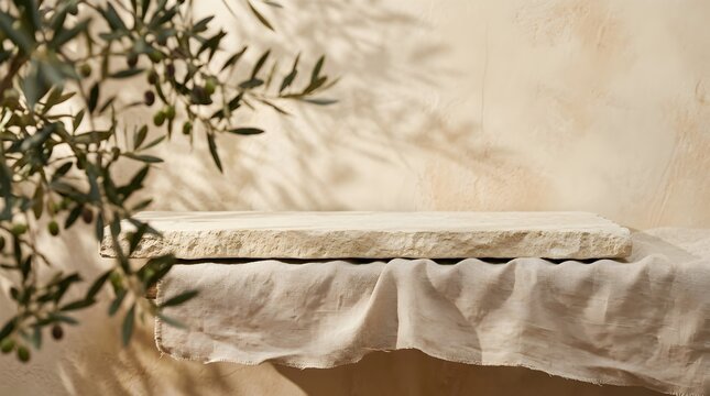 Rustic stone shelf with white linen cloth and olive tree branches against a beige textured wall soft natural lighting Mediterranean interior design theme