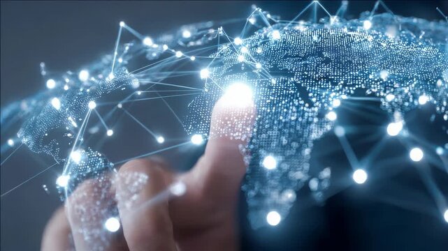 A close-up of a hand touching a glowing map, symbolizing global connectivity and the power of technology.