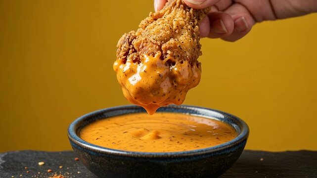 Fried chicken sauce dip hand bowl spicy crispy orange food snack with golden crunchy breading above creamy orange dip in dark ceramic bowl on black table warm cinematic close up food portrait