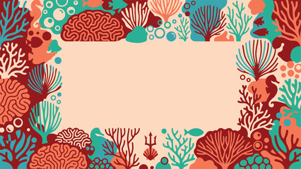 Colorful underwater coral reef frame with various corals, fish, seahorse, and blank copy space. Flat vector illustration EPS 10. © Robich Art
