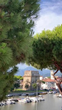 Viareggio panoramic view of historic part of city with medieval Torre Matilde and old marina docks on Burlamacca canal, Lucca, Tuscany, Italy.	
