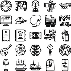 Line art symbols featuring various objects and concepts, including electronics, food, clothing, communication tools, and abstract representations, designed for user interfaces and graphic design © sevector