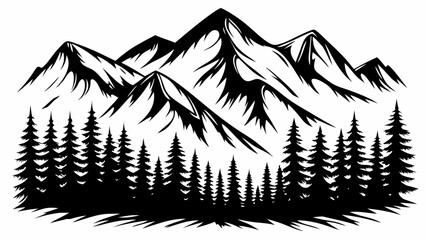 Mountain forest silhouette against a white background a bold black and white graphic composition alpine black and white coniferous contour © PRODIP
