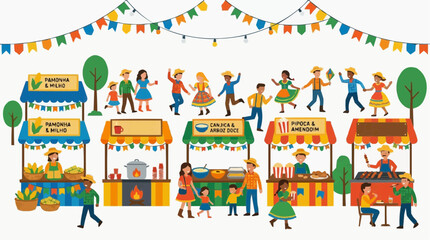 Naklejka premium Brazilian Festa Junina street fair with food stalls and people celebrating