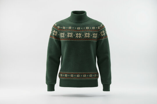 Green turtleneck sweater, winter knitwear, festive patterned jumper, clothing mockup