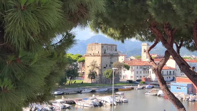 Viareggio panoramic view of historic part of city with medieval Torre Matilde and old marina docks on Burlamacca canal, Lucca, Tuscany, Italy.	