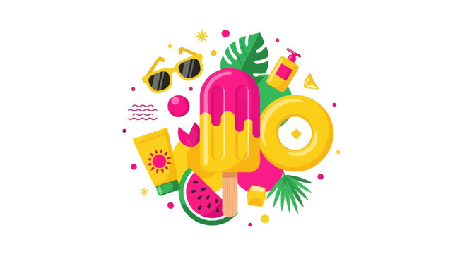 Vibrant Summer Vacation Flat Vector Illustration with Popsicle, Sunglasses, Watermelon, and Beach Essentials