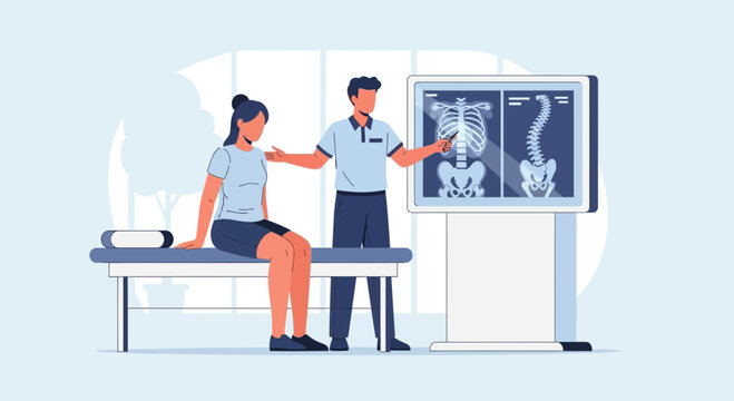 Doctor shows spine x-ray to patient on digital screen, physical therapy concept