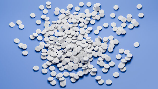 Weight loss pills available: A heap of GLP-1 pills on a blue background. Top down shot with selective focus. Blue background expandable on all edges