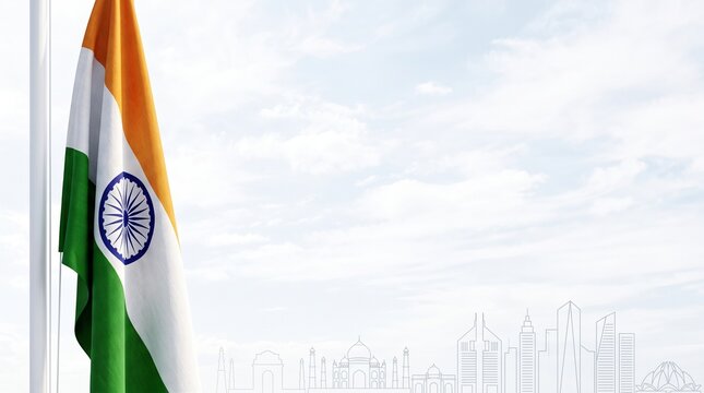 The national flag draped with linen textures and architectural skyline silhouette for Independence Day corporate holiday banner
