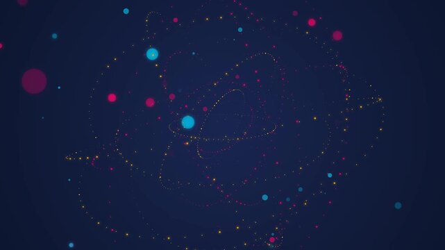 Glowing pink and yellow particles orbiting in dark space to represent complex scientific data structures