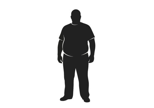 Full body silhouette of an overweight man standing forward wearing a t-shirt and pants, isolated on white background, representing obesity, weight gain, and male body composition.