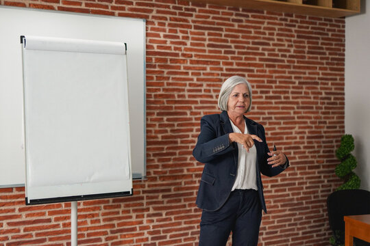 Senior woman doing presentation for finance project inside meeting room - Elderly entrepreneur, business and expertise concept