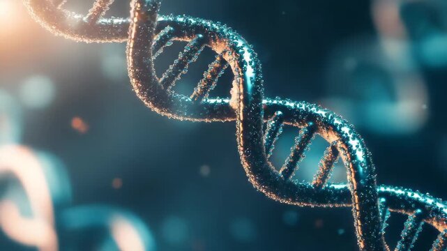 A vibrant and detailed of a double helix DNA structure set against a sparkling blue backdrop, ideal for use in biotechnology, genetics, or medical-related content.
