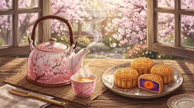 Traditional Mid Autumn Festival Tea and Mooncakes on Wooden Table.