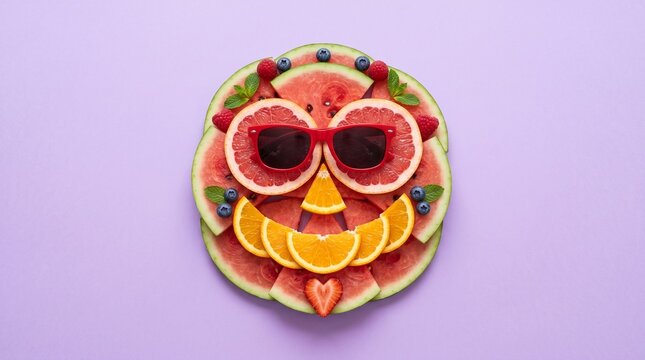 Funny fruit face with sunglasses made of fresh watermelon grapefruit and orange slices