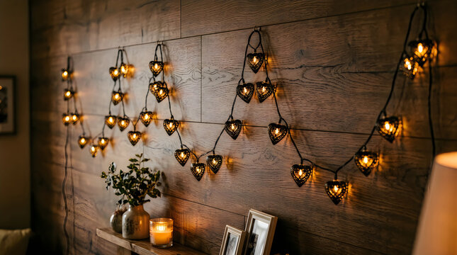 Decorative string lights glowing warmly on a rustic brick wall for home interior decoration Vector