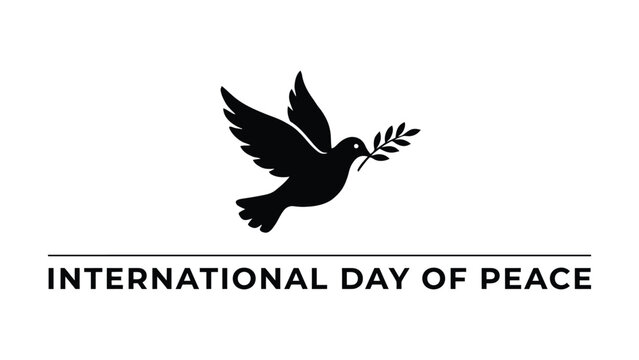 Black and white for international day of peace featuring a flying dove holding an olive branch with text below on a white background