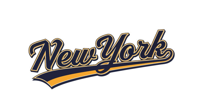 Vintage New York athletic typography featuring navy blue and yellow cursive script font. Classic baseball logo style with swash underline on a plain white background.