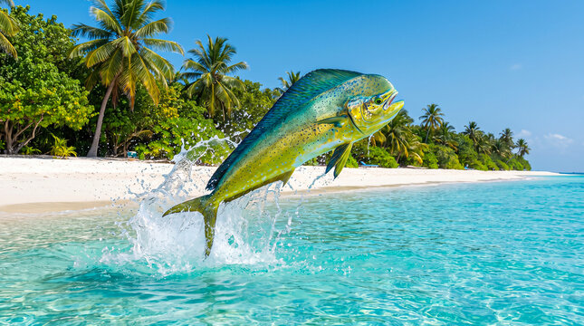 Golden mahi mahi fish leaps from turquoise ocean water near tropical beach with palm trees at sunset.
