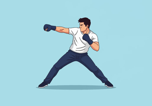 Vector illustration of a man in a white t-shirt and dark pants throwing a punch wearing boxing gloves, dynamic profile action pose isolated on a light blue background.