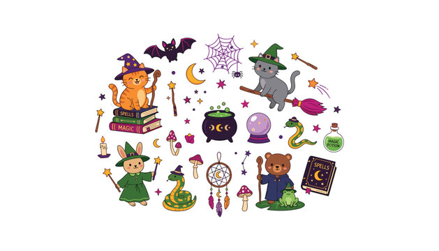 Cute halloween witchcraft elements set with wizard animals cats bear rabbit witch hats spell books cauldron and potion vector illustration