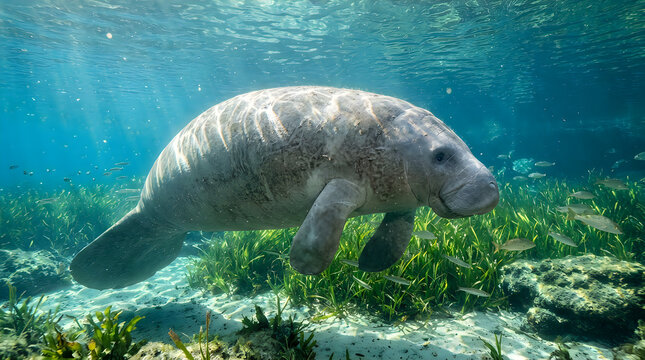 Large gray manatee swimming slowly underwater in a clear blue river with green sea grass Vector