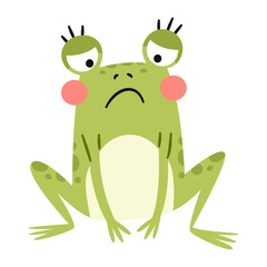 Naklejka premium A cute frog sits there looking sad. A flat vector illustration in a simple, child-friendly style. Vector illustration