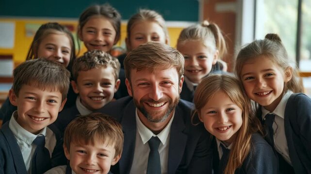 Smiling children gathered around smiling teacher in classroom setting.