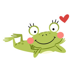 Naklejka premium A cute frog is lying there, gazing lovingly. A flat vector illustration in a simple, childlike style. Vector illustration
