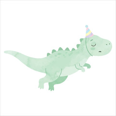 Fototapeta premium Cute Allosaurus Jumping with Party Hat, Sleepy Expression, Pastel Green Watercolor Flat Vector Illustration Isolated on White Background 