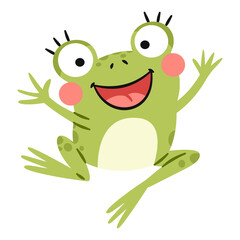 Fototapeta premium A cute frog is hopping happily. A flat vector illustration in a simple, child-friendly style. Vector illustration
