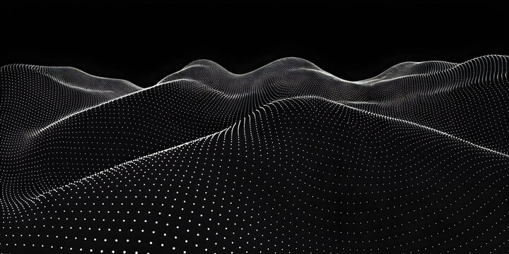 Abstract digital landscape with white glowing dots forming waves on a dark black background Vector
