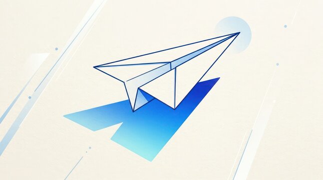 Minimalist paper plane drawing with blue watercolor cast shadow on light textured surface.