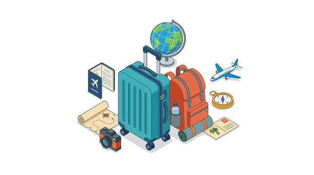 Global travel and adventure concept with essential items in isometric style.