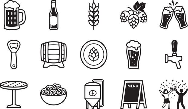 Beer and craft brewery outline icon set