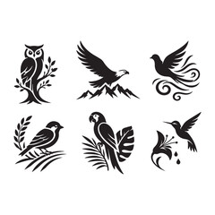 Obraz premium Black and white stylized bird illustrations with transparent background for artistic designs