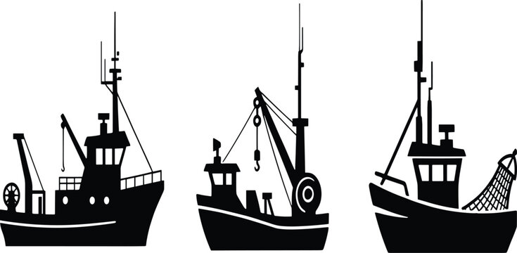 Professional commercial fishing trawler and maritime vessel solid icon set