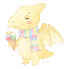 Cute Pterodactyl Eating Ice Cream with Colorful Scarf, Sleepy Expression, Pastel Yellow Watercolor Flat Vector Illustration Isolated on White Background  © Mae