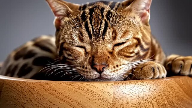 Bengal cat in wooden bowls sleeping